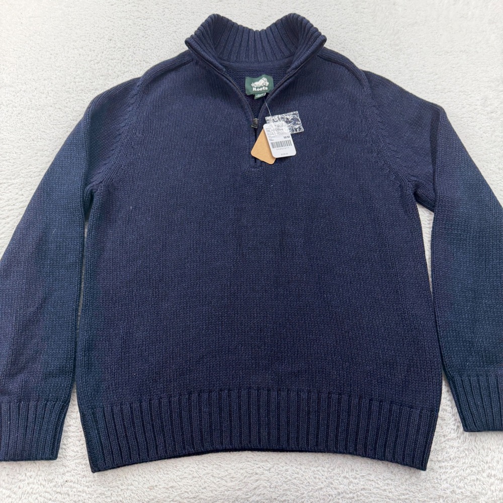 NWT Roots Robson Relaxed Stein Navy Blue‎ Organic Cotton Quarter Zip Sweater M